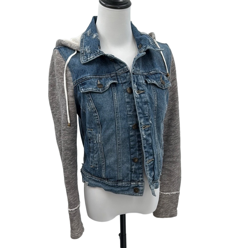 Free People Size Small Hooded Denim Jacket Removable Hood Button Down